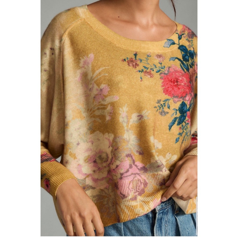 Anthropologie x Pilcro Diletta 100% Cashmere Floral Pullover Sweater Yellow XS - Picture 2 of 9